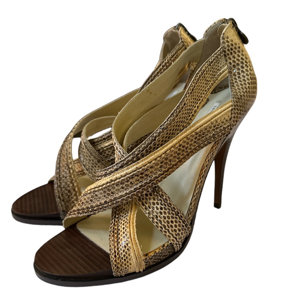 Leon Max Python Cream/ Brown Strappy Stilettos - image 1